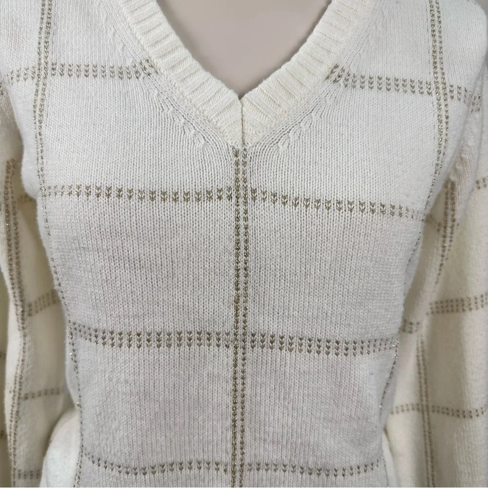 Worthington Women's Sweater Small S Ivory Gold Metallic Plaid V-Neck Shimmer - Picture 2 of 12